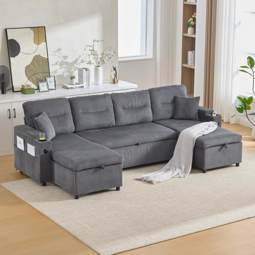 Divano 4 posti con doppia chaise longue; contenitore; portabicchieri e USB-C; 272x136x86 cm; grigio carbone