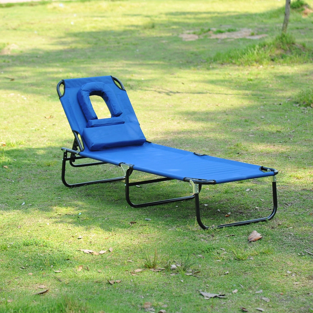 Lettino prendisole reclinabile a tre gambe con finestra di lettura e apertura per il viso blu