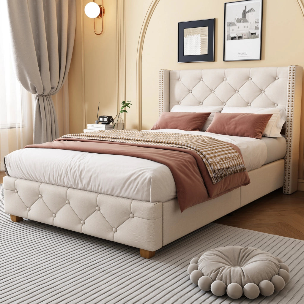 Letto imbottito 90x200 cm; testiera trapuntata e piedi rinforzati; lino beige (Senza materasso)