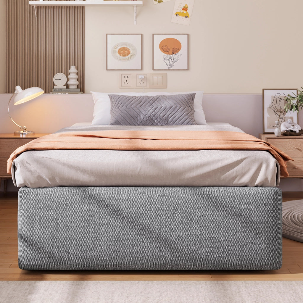 Letto imbottito singolo 90 × 200 cm con contenitore idraulico e cassetto, senza materasso, grigio