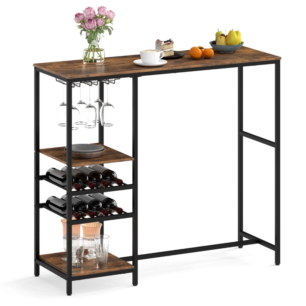 Tavolo da pranzo altezza bar con scaffali di stoccaggio per cucina soggiorno dietro il divano-Tavolo bar lungo da colazione industriale Marrone