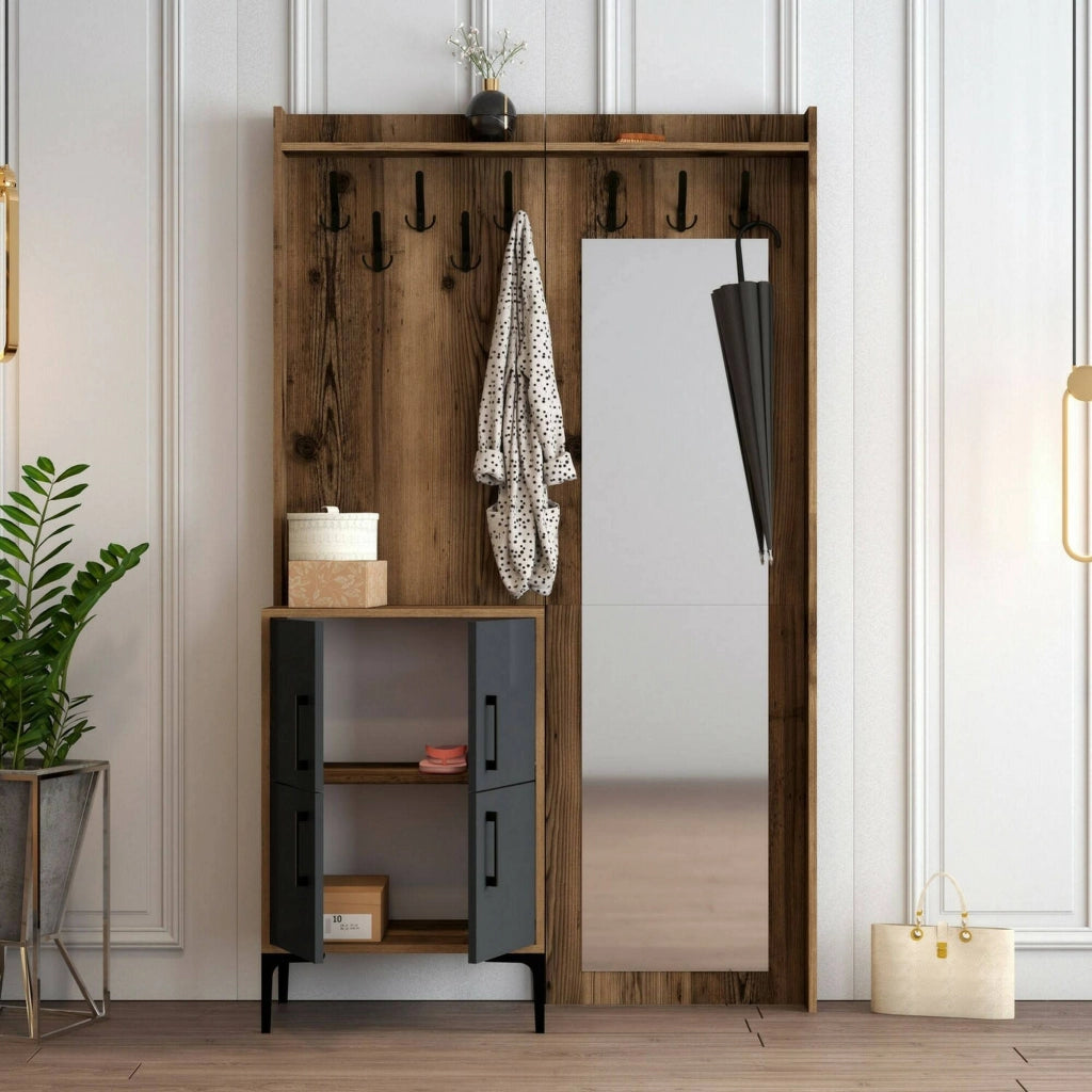 Mobile da ingresso Isidore, Entratina appendiabiti, Composizione per atrio, Consolle portaoggetti multifunzione, 120x35h200 cm, Noce e Antracite