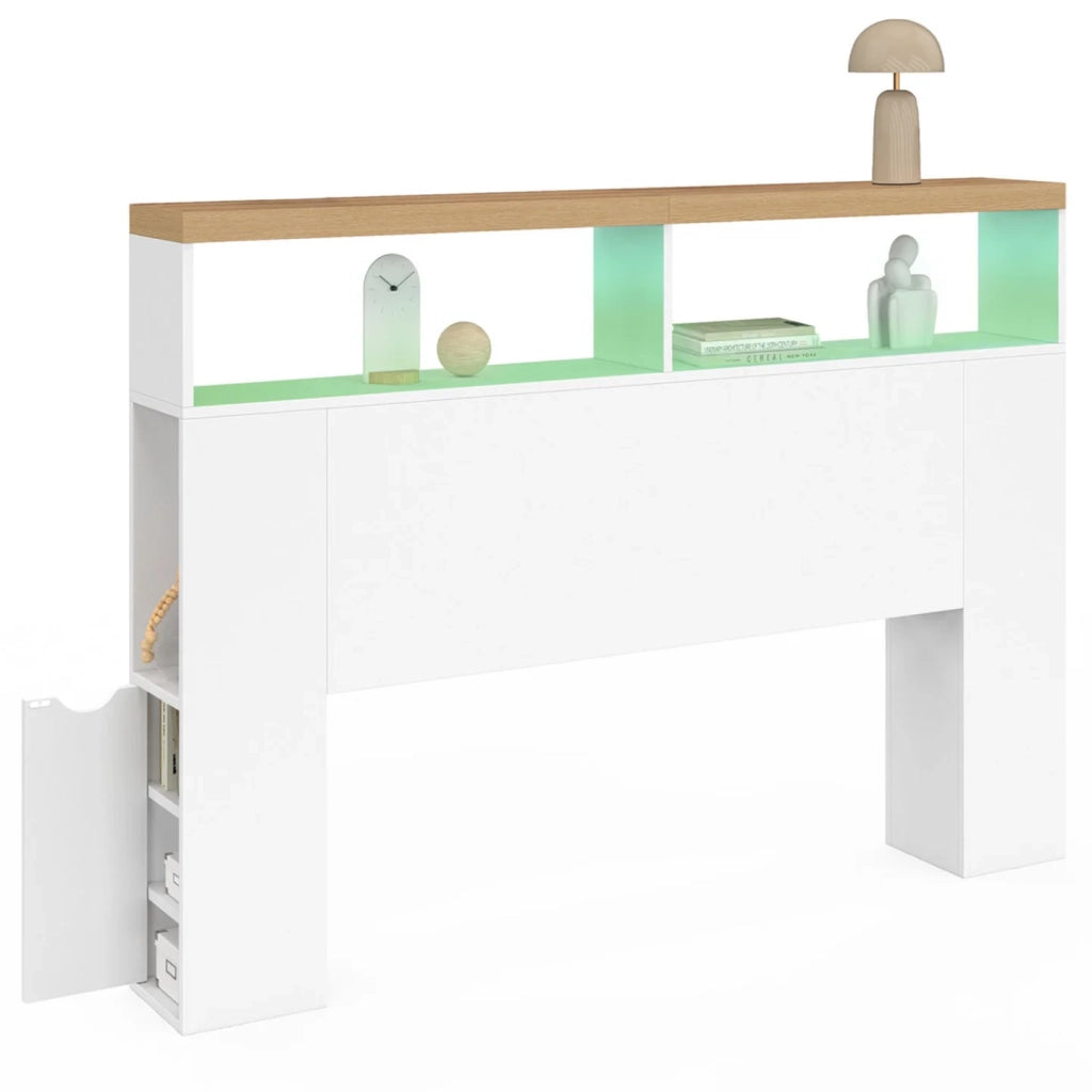 IDMarket - Testiera LUNA 145 cm LED con vani contenitori chiusi e nicchie bianche e top effetto legno
