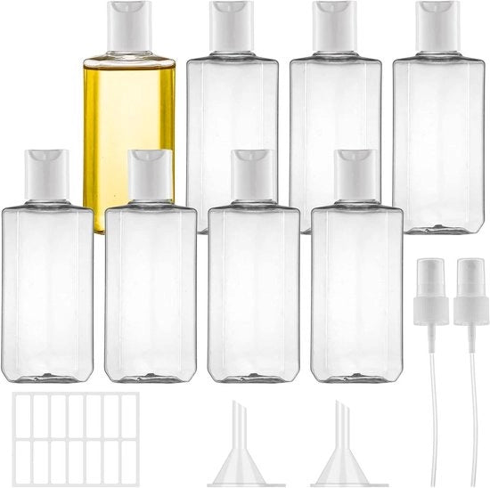 Set di 8 pezzi di flaconi per liquidi, 100 ml, trasparenti con spruzzatore, imbuto e etichetta - ideale per viaggi aerei, shampoo, condizionatore, lozione.