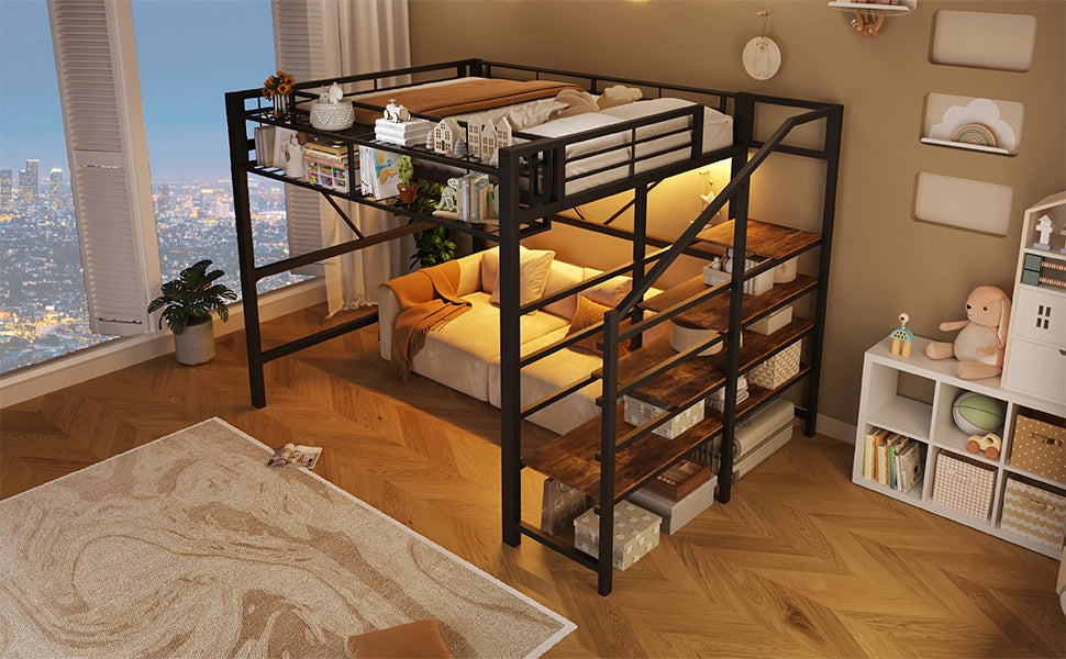 LETTO a soppalco 140x200 cm in metallo e MDF nero con scala e LED