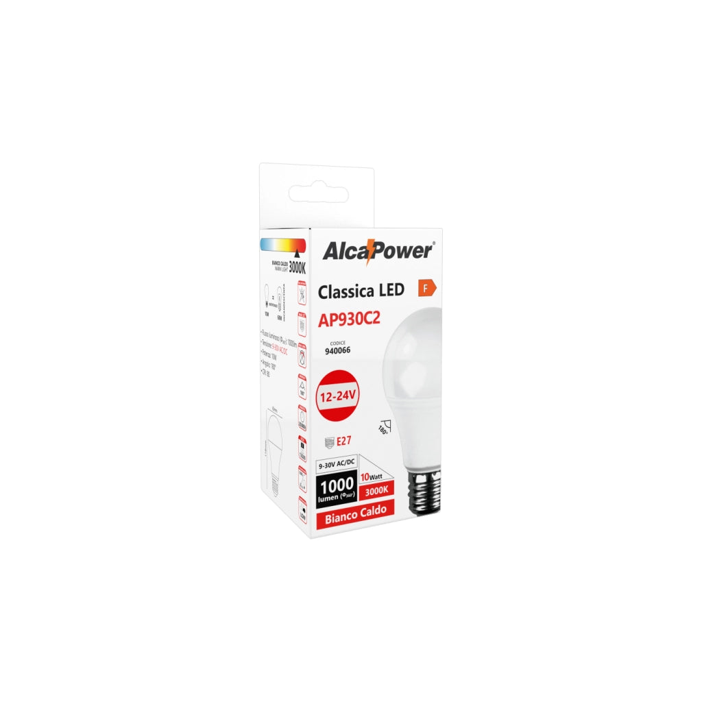 Alcapower Lampadina LED Classica E27 10W 1000lm 3000K Luce Calda Multitensione 9-30V AC/DC Ideale per Camper Nautica e Impianti Fotovoltaici