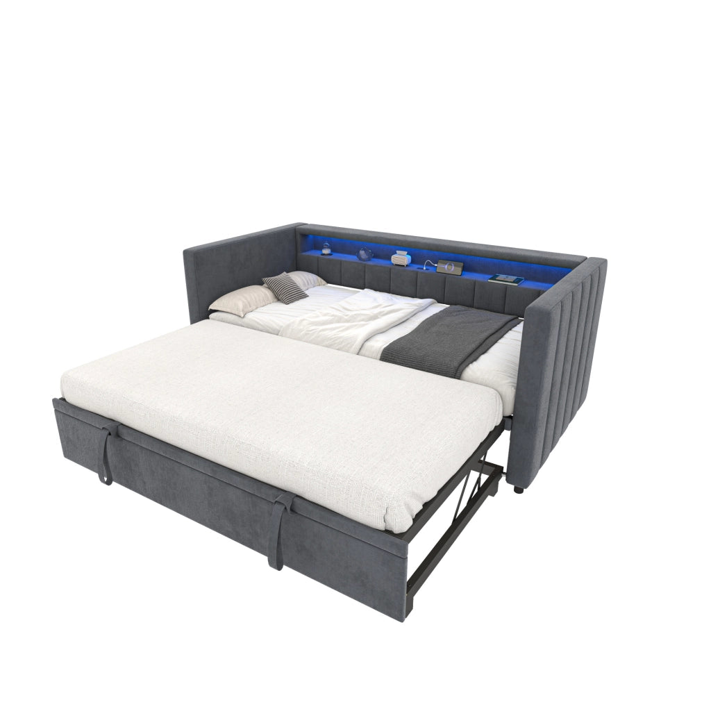 Divano letto estraibile 90x190 cm in velluto grigio scuro con LED; USB Type-C e contenitore