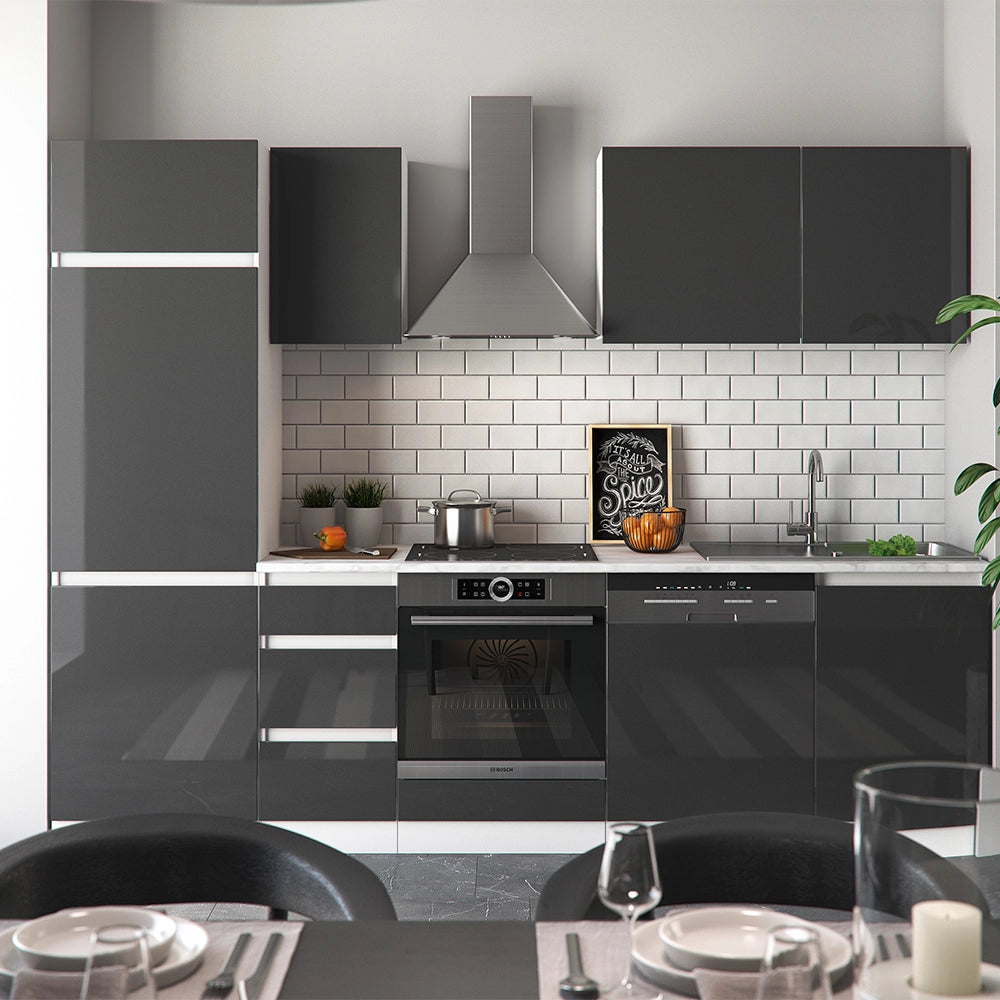 Vicco Cucina componibile Antracite lucido 270 cm senza piano di lavoro, senza maniglie con striscia LED