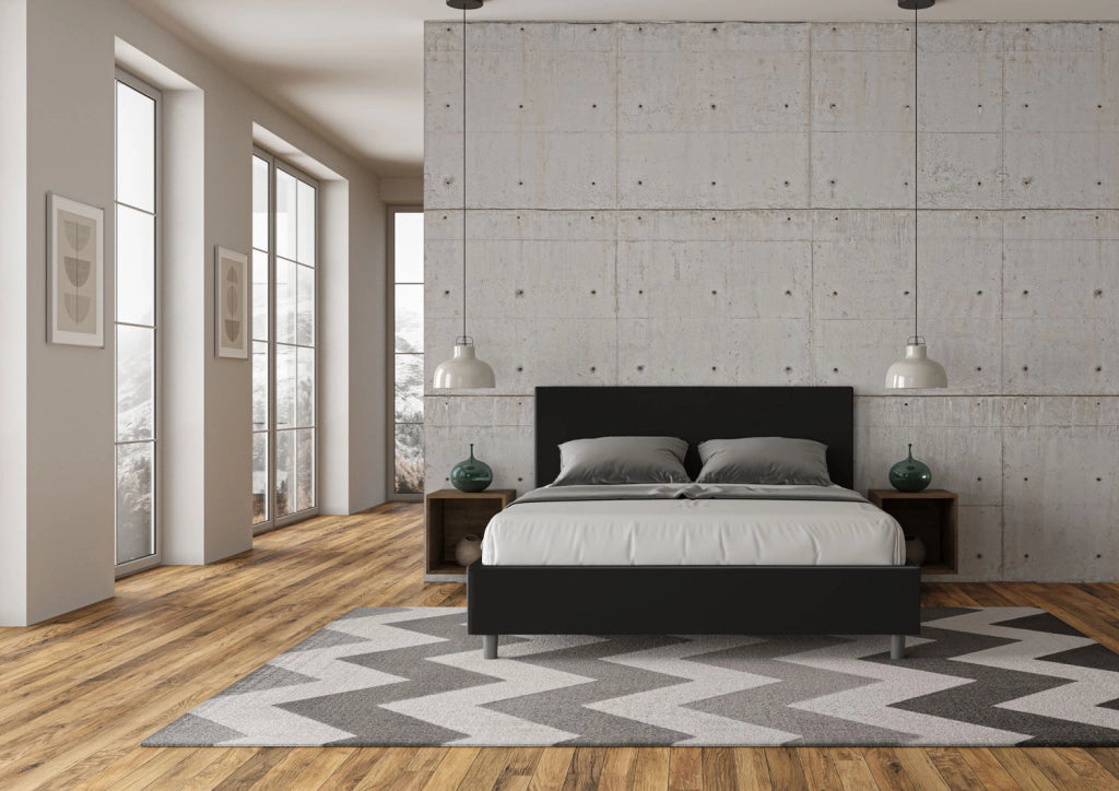 Letto Matrimoniale 160x190 cm con Rete e Contenitore Giroletto con Alzata Comoda Imbottito in Similpelle Adele Nero