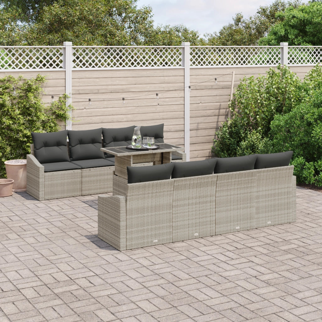 Set Divano da Giardino da 9 Pezzi con Cuscini Grigio Chiaro in Polyrattan