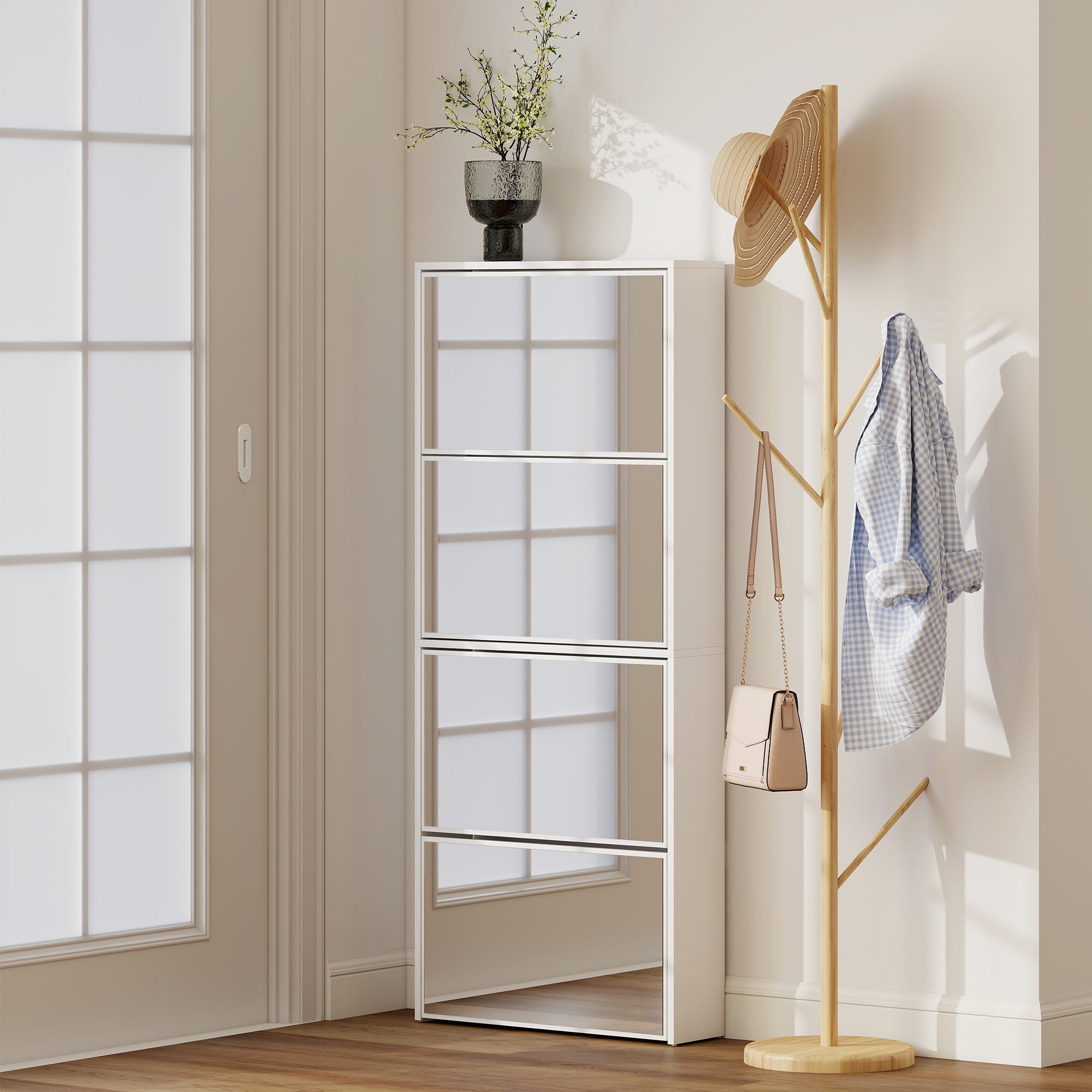 Scarpiera a Specchio 63x17x146 cm a 4 Ante Antiribaltamento in Legno Bianco