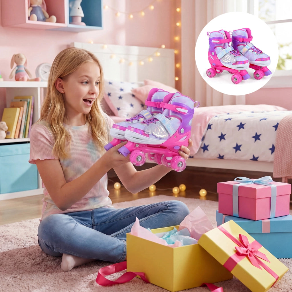 Pattini a rotelle per bambina con diversi strati protettivi e 4 ruote luminose con freno, Pattini a rotelle regolabili in 4 taglie Rosa L