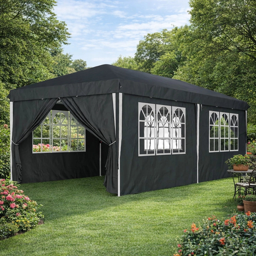 Gazebo Pieghevole Da Catering Con Pareti Laterali Finestre Trasparenti Porte Removibili E Struttura Pop Up Impermeabile Resistente Nero 3x6 Metri