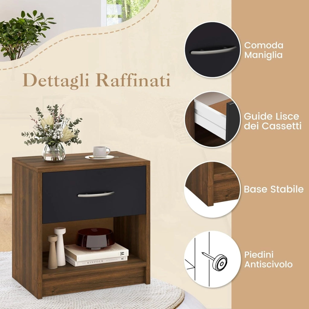 COSTWAY Comodino 38,5 x 28 x 40,5cm in Legno, Tavolino Salvaspazio con Scomparto Aperto e Casseto per Soggiorno e Camera da Letto (Marrone+Nero)