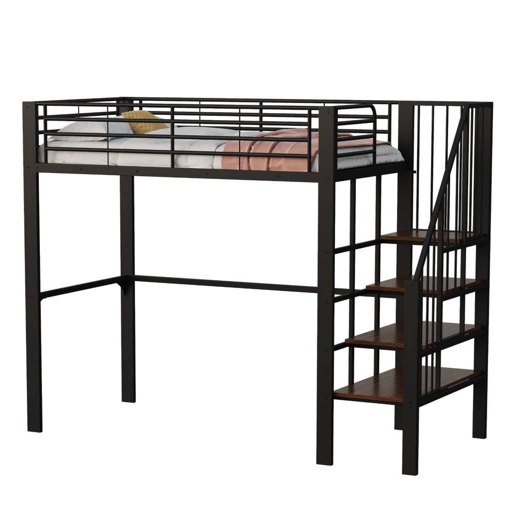 Letto a soppalco 90x200 cm in metallo e legno con scala e vano contenitore; nero
