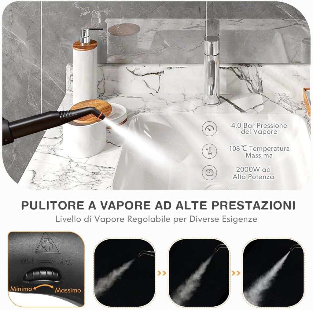 2000W Pulitore a Vapore con 19 Accessori e Serbatoio da 1,5L, Vapore per Tappeti, per Pulizie Profonde Pavimenti Finestre e Macchine (Arancia)
