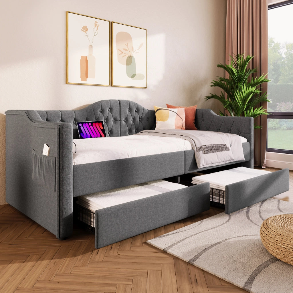 Letto Divano 90 x 190 cm; Letto Singolo con 2 Cassetti; USB e Tipo C; senza Materasso; Lino Grigio