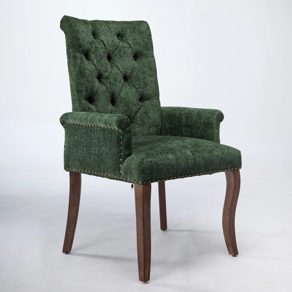 Sedia da pranzo, venduta singolarmente, tessuto chenille, gambe in legno massello, con braccioli, verde oliva