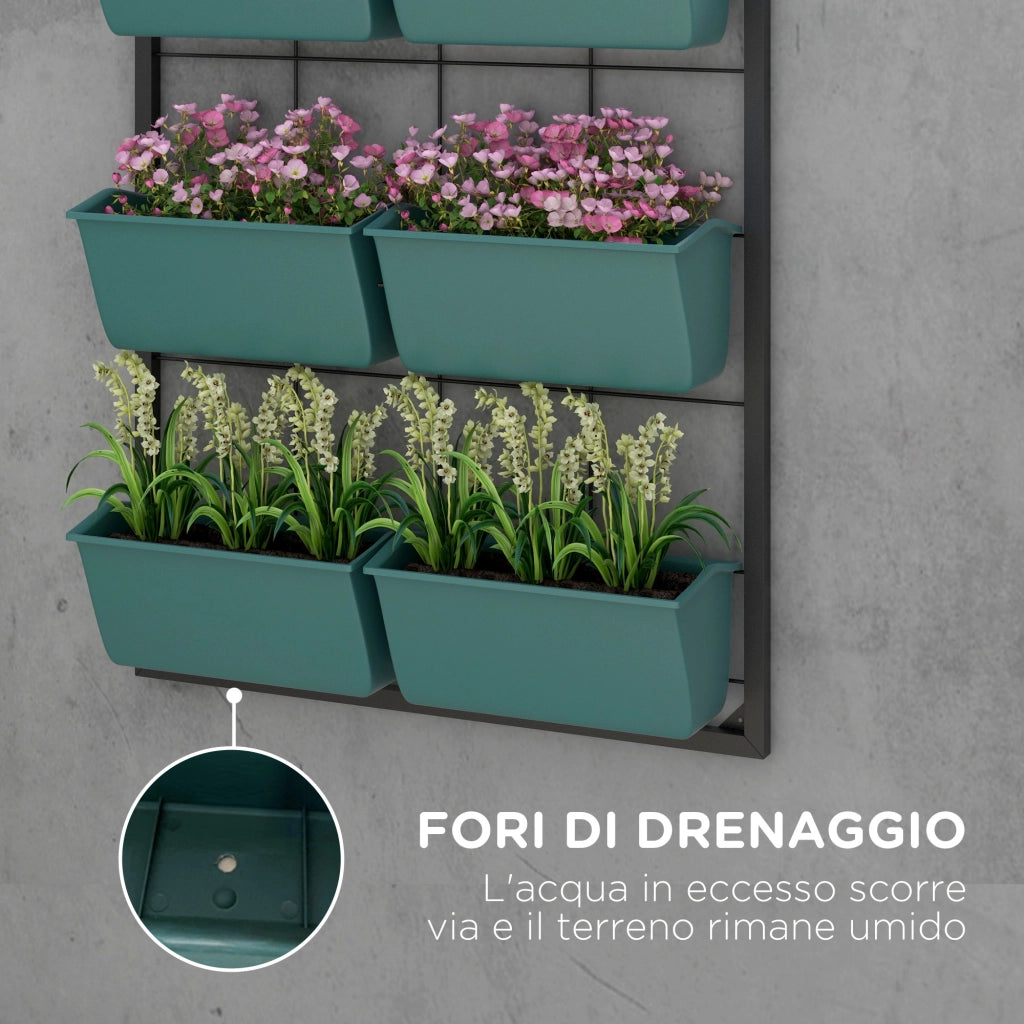 Orto Verticale da Parete a 3 Livelli con 6 Vasi, in Acciaio e Plastica, 52x14x66 cm, Verde