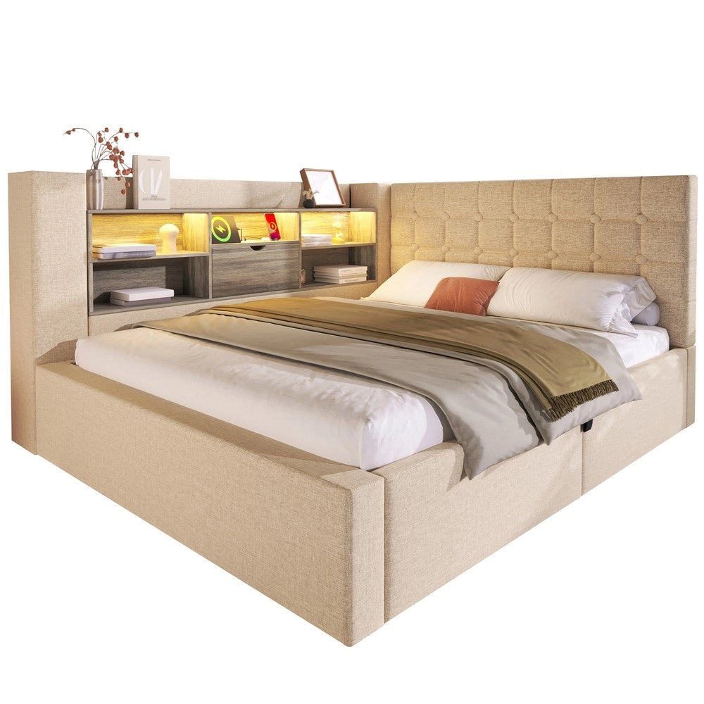 Letto Imbottito Contenitore 140x200 con LED e Testiera ¨C MINIMAL ¨C Beige, Tessuto, Idraulico