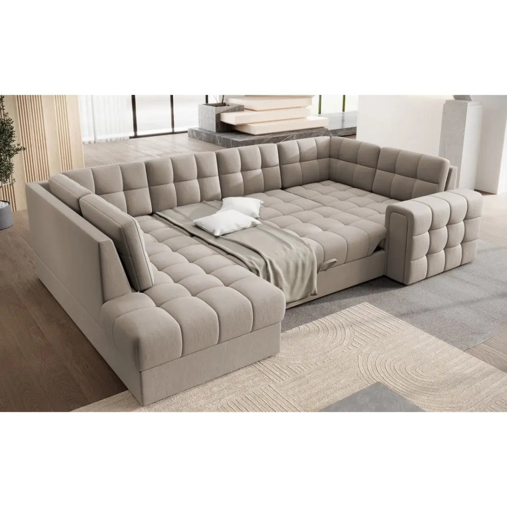 Divano angolare convertibile MONTEZA beige sinistro 299 cm con contenitore e letto