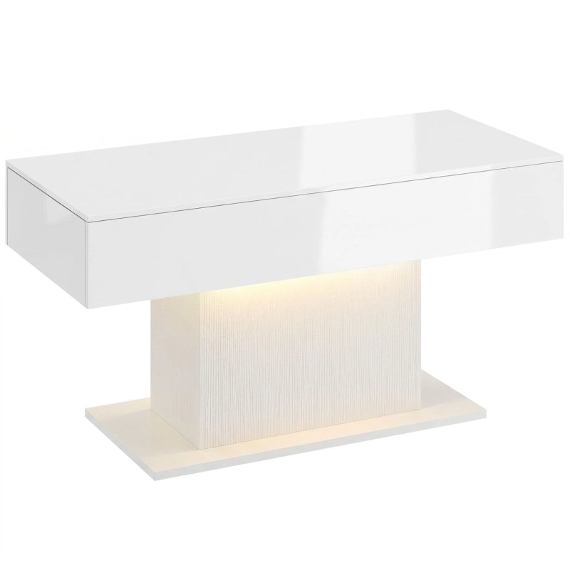 Tavolino da caff¨¨ a LED con vano contenitore, finitura lucida, design moderno, 2 cassetti e telecomando, colore bianco.