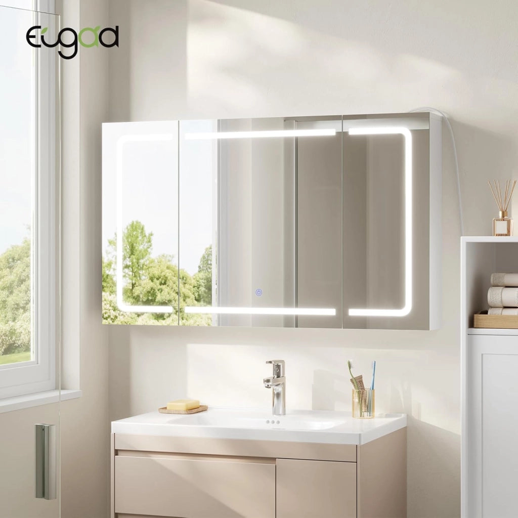 Mobile Bagno con Specchio e Luce, Armadietto Bagno a 3 Porte con Ripiani Regolabili, Ganci e Prese, Luce Tattile a 3 Colori, per Appartamento, Bianco, 100x14,5x60 cm, Nordico
