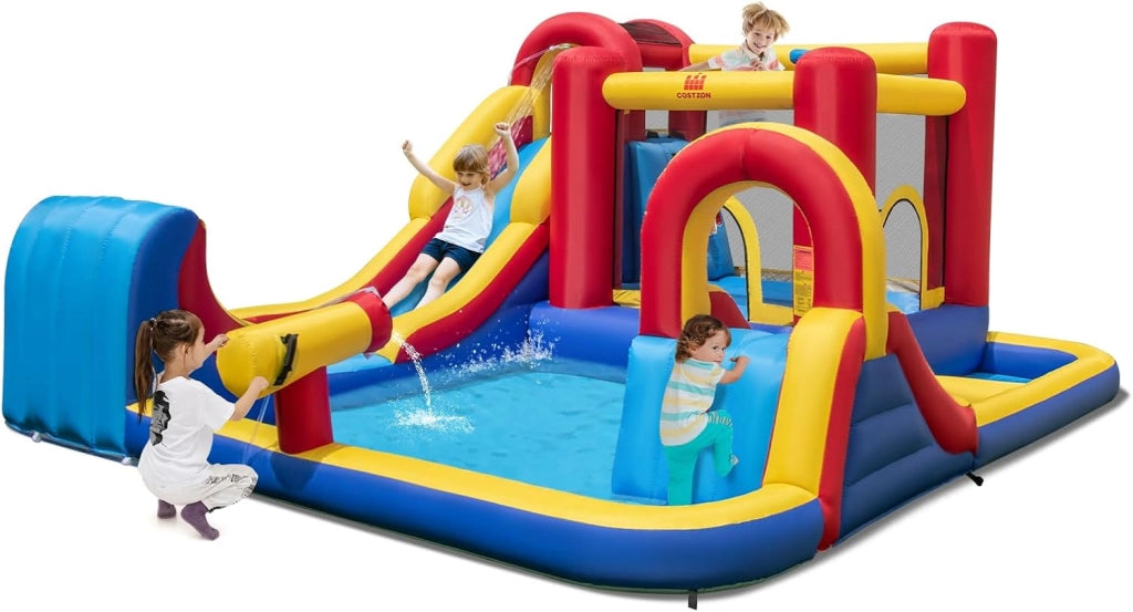 Castello Gonfiabile per Bambini, Parco Acquatico Gigante con Doppi Scivoli d'Acqua, 2 Piscine, Area Salto, Canestro e Parete da Arrampicata, 450 x 392 x 216 cm