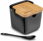 Contenitore da cucina in ceramica con coperchio e cucchiaio - 270 ml contenitore per sale con coperchio in legno e cucchiaio - Contenitore da spezie in ceramica con pepe nero