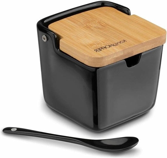 Contenitore da cucina in ceramica con coperchio e cucchiaio - 270 ml contenitore per sale con coperchio in legno e cucchiaio - Contenitore da spezie in ceramica con pepe nero