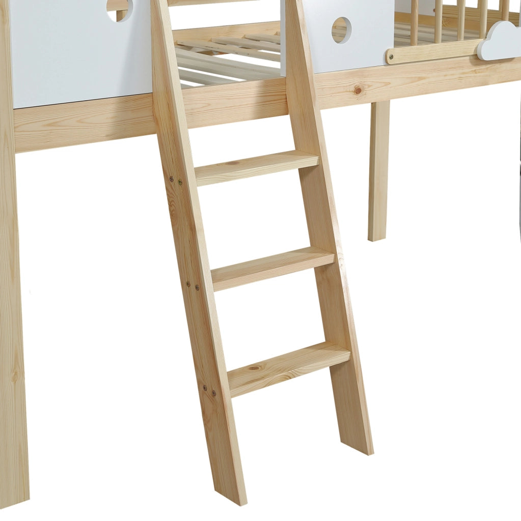 Letto a soppalco 90x200 cm con scala a tre gradini e tetto in legno bianco e naturale