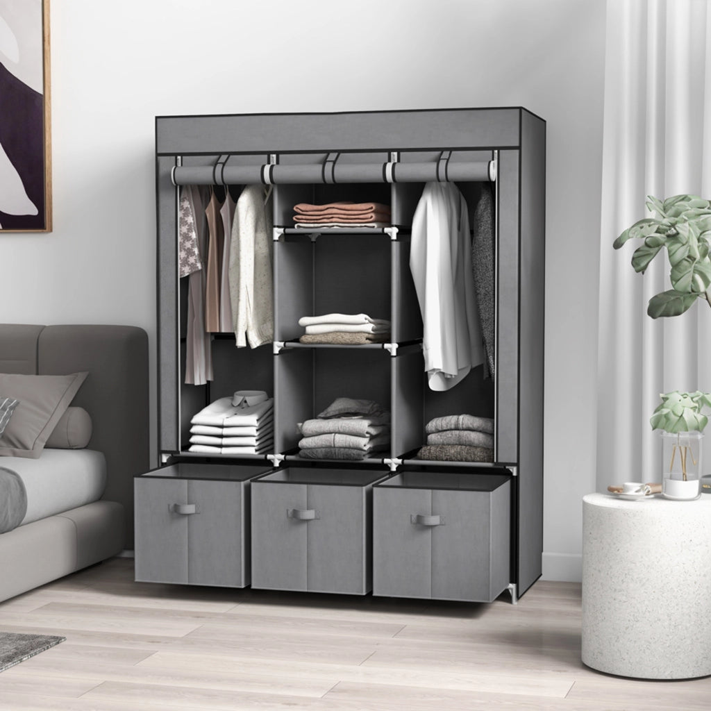 Armadio in tessuto con 5 ripiani, 2 appendiabiti e 3 cassetti ¨C zephmum ¨C 125x43x162 cm