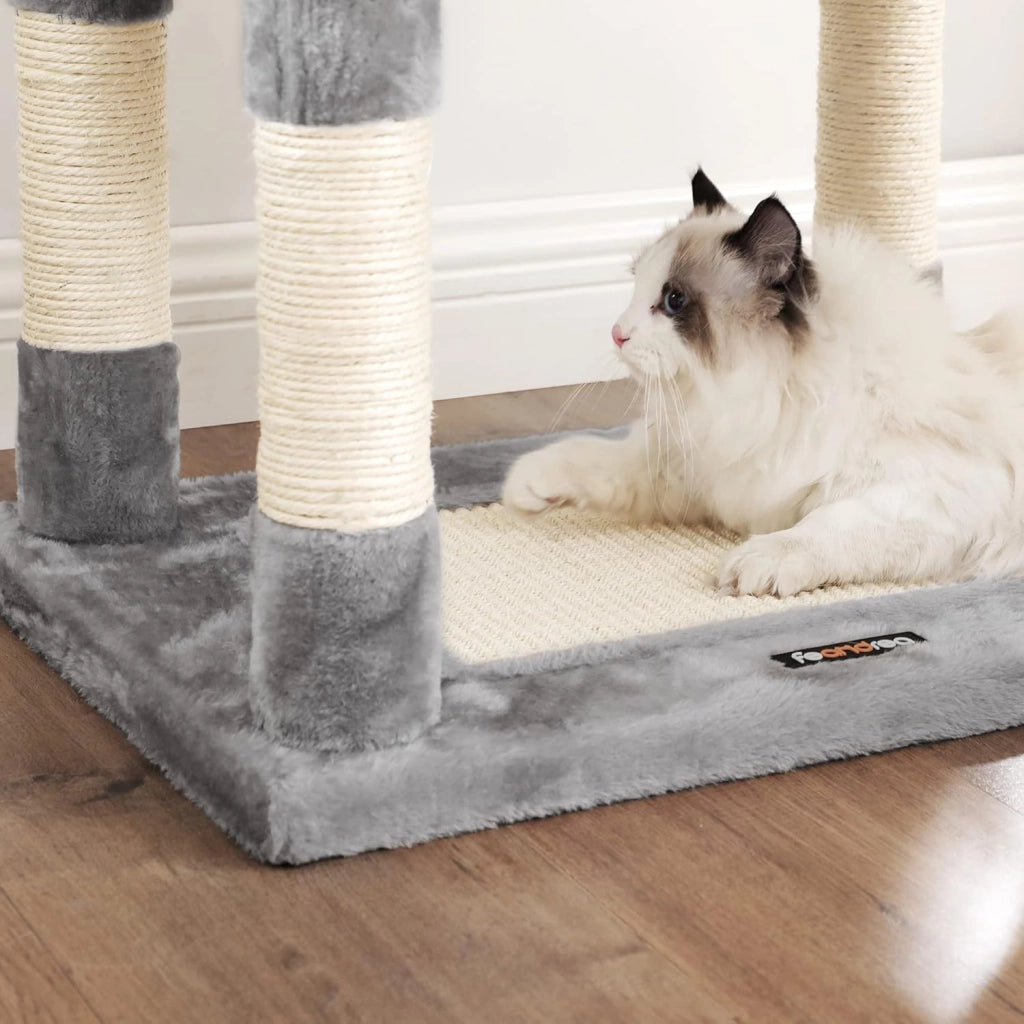 Feandrea Albero per Gatti Alto 138 cm, Tiragraffi per Gatti, con Base e 9 Pali Graffiatoi, 1 Piattaforma, 1 Grotta, 1 Amaca, 1 Pompon, 1 Corda, in Peluche a Più Livelli, Grigio Chiaro PCT60W