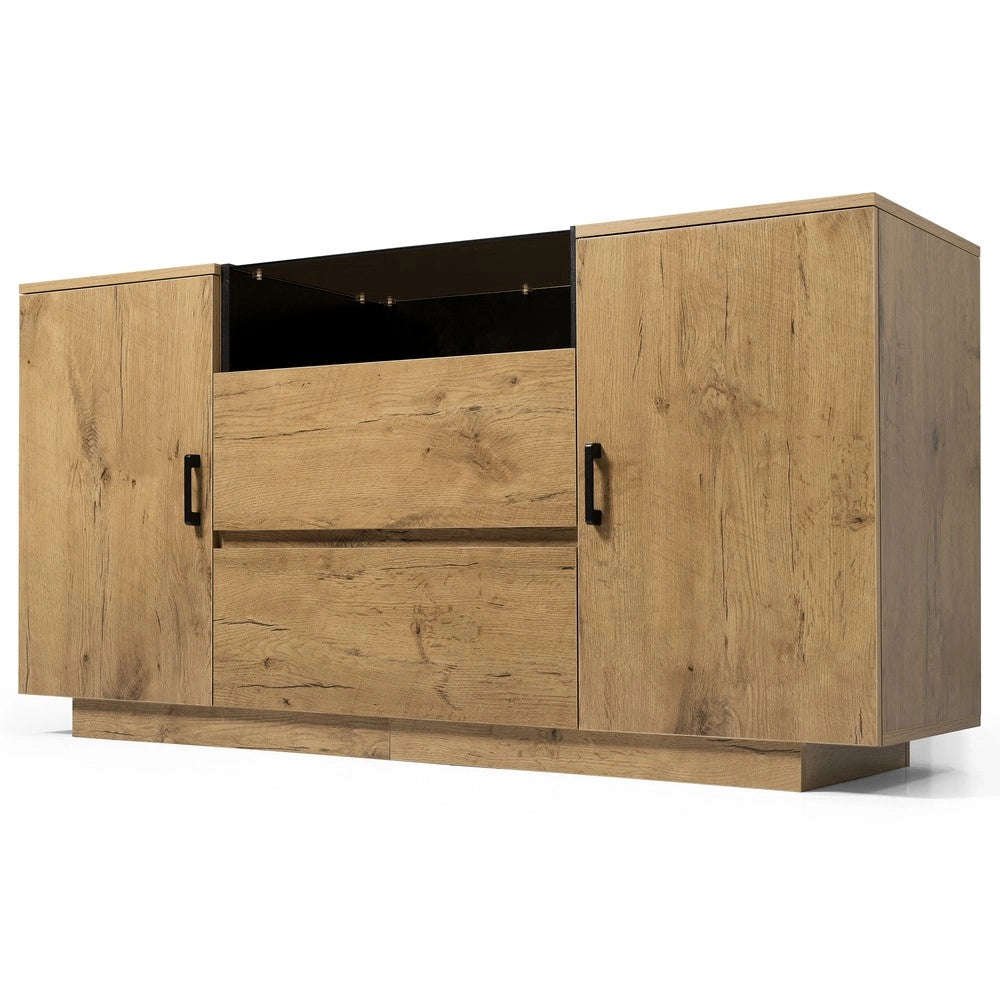 Credenza Sideboard con 2 Cassetti e 2 Ante in Vetro ESG ¨C MINIMAL ¨C Effetto Rovere/Nero, 140x70x40 cm