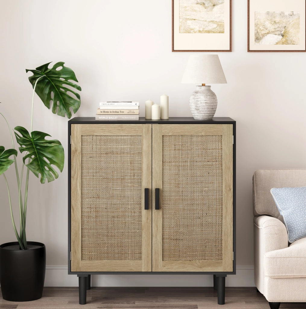 Mobile contenitore 80 cm a 2 ante nero con rattan