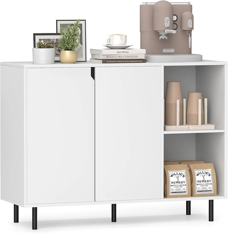 Buffet cucina credenza  2 ante 2 scomparti aperti-Armadio da Cucina Buffet consolle sala pranzo ripiani regolabili gambe metallo 106x38x80cm Bianco