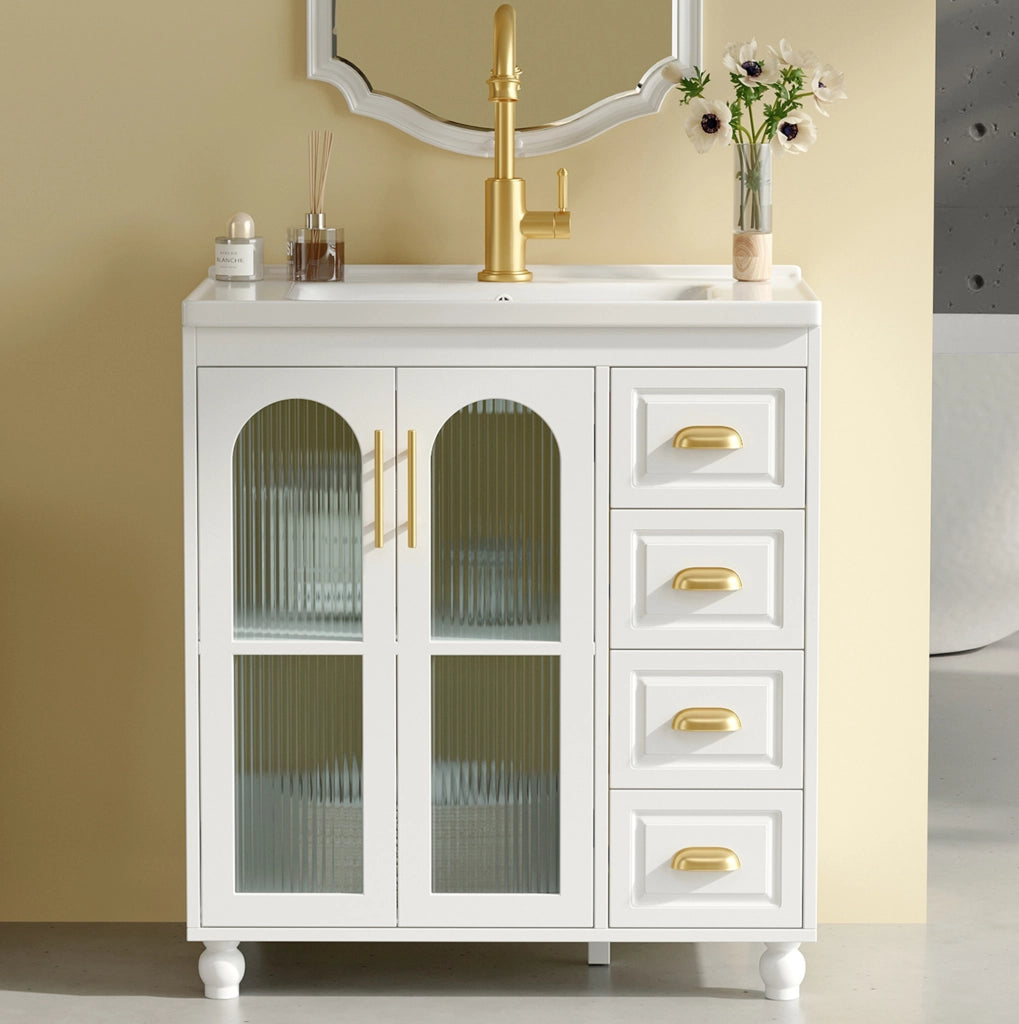 Mobile bagno con lavabo 80 cm, 2 ante, 3 cassetti, MDF, bianco