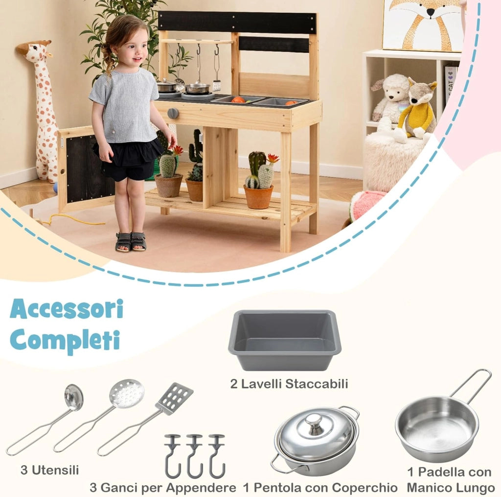 Cucina Giocattolo Bambini, Cucina da Esterno in Legno con 2 Lavandini Removibili, Piano Cottura e Utensili e Spazio di Archiviazione, 67 x 30 x 82 cm