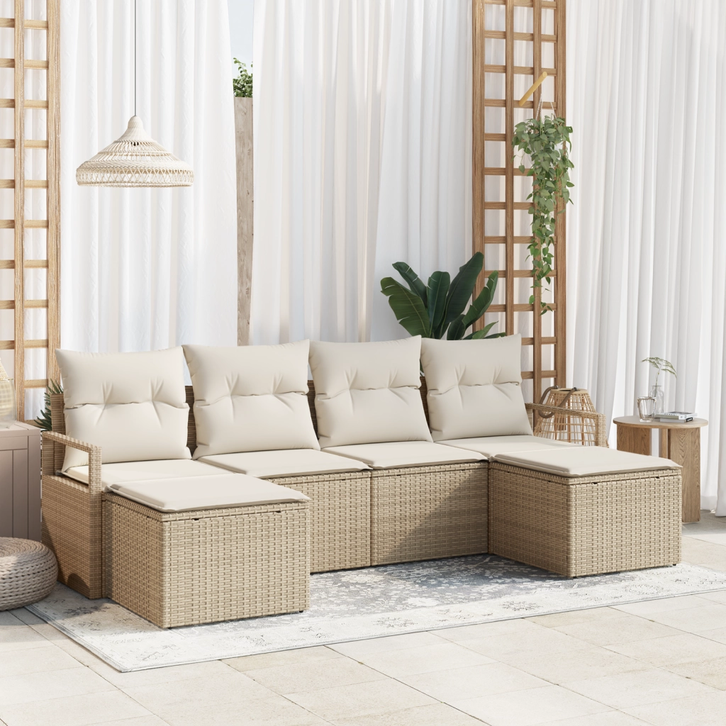 Set di divano da giardino  6 pezzi con cuscini Beige Rattan Poliestere
