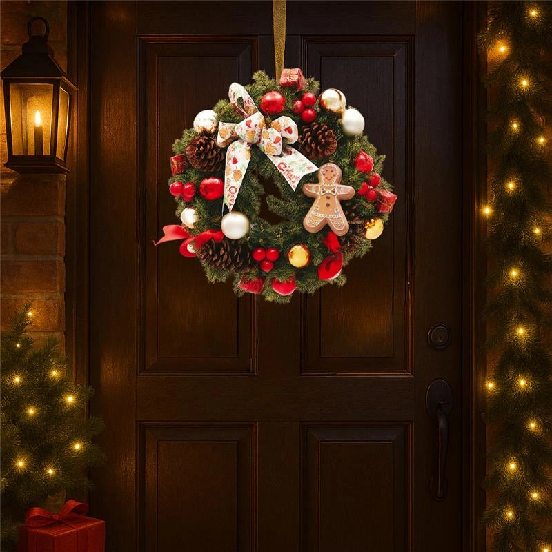 MAURY'S GHIRLANDA DI NATALE IN PVC VERDE CON FIOCCO DECORAZIONI VARIE E GINGERBREAD DIMENSIONI 40 CM