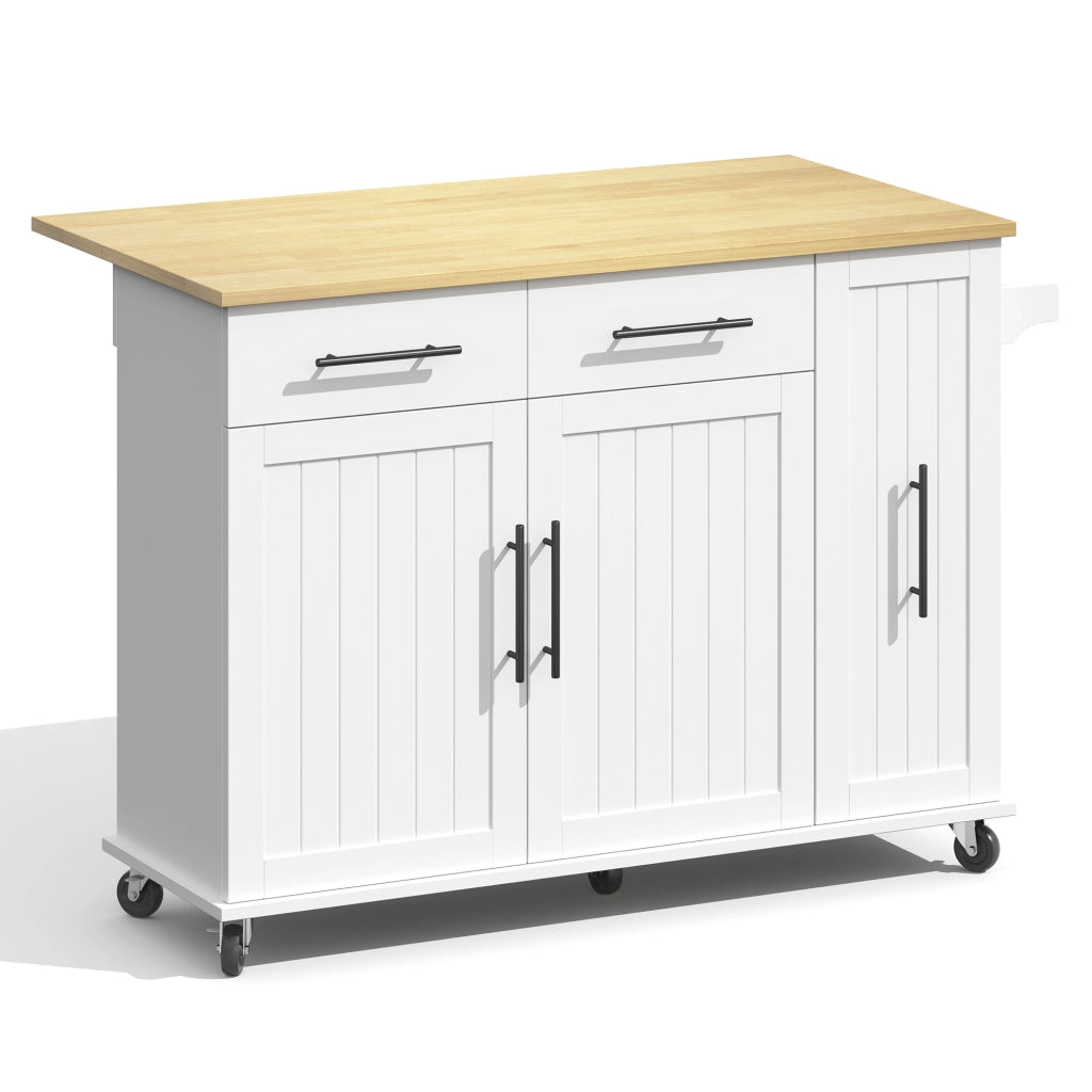 Isola da Cucina Mobile 120x40/65x90 cm Bianca e Legno con Organizer Estraibile, 2 Cassetti e 5 Ruote