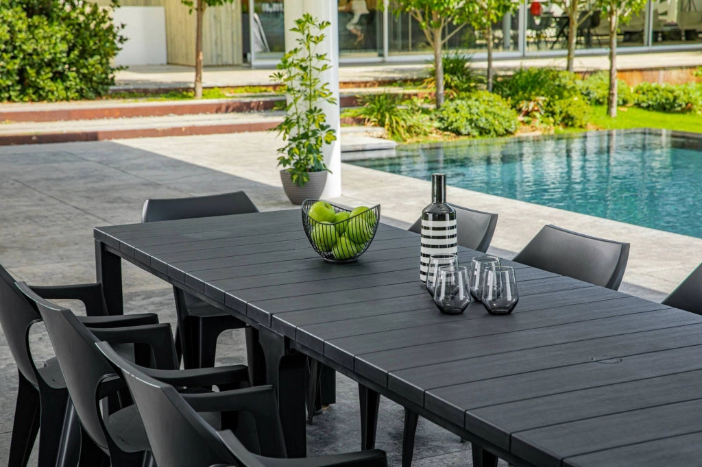 Tavolo da esterno Brossard, Base per picnic, Piano da pranzo da giardino, Banco outdoor multiuso, 294x90 h75 cm, Antracite