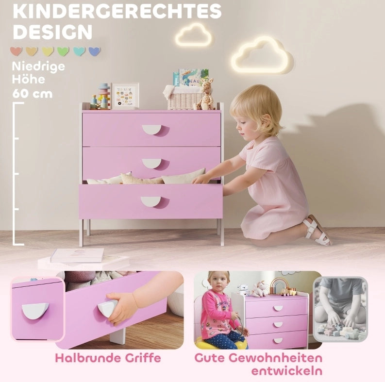 Cassettiera per bambini rosa e bianca con 3 cassetti