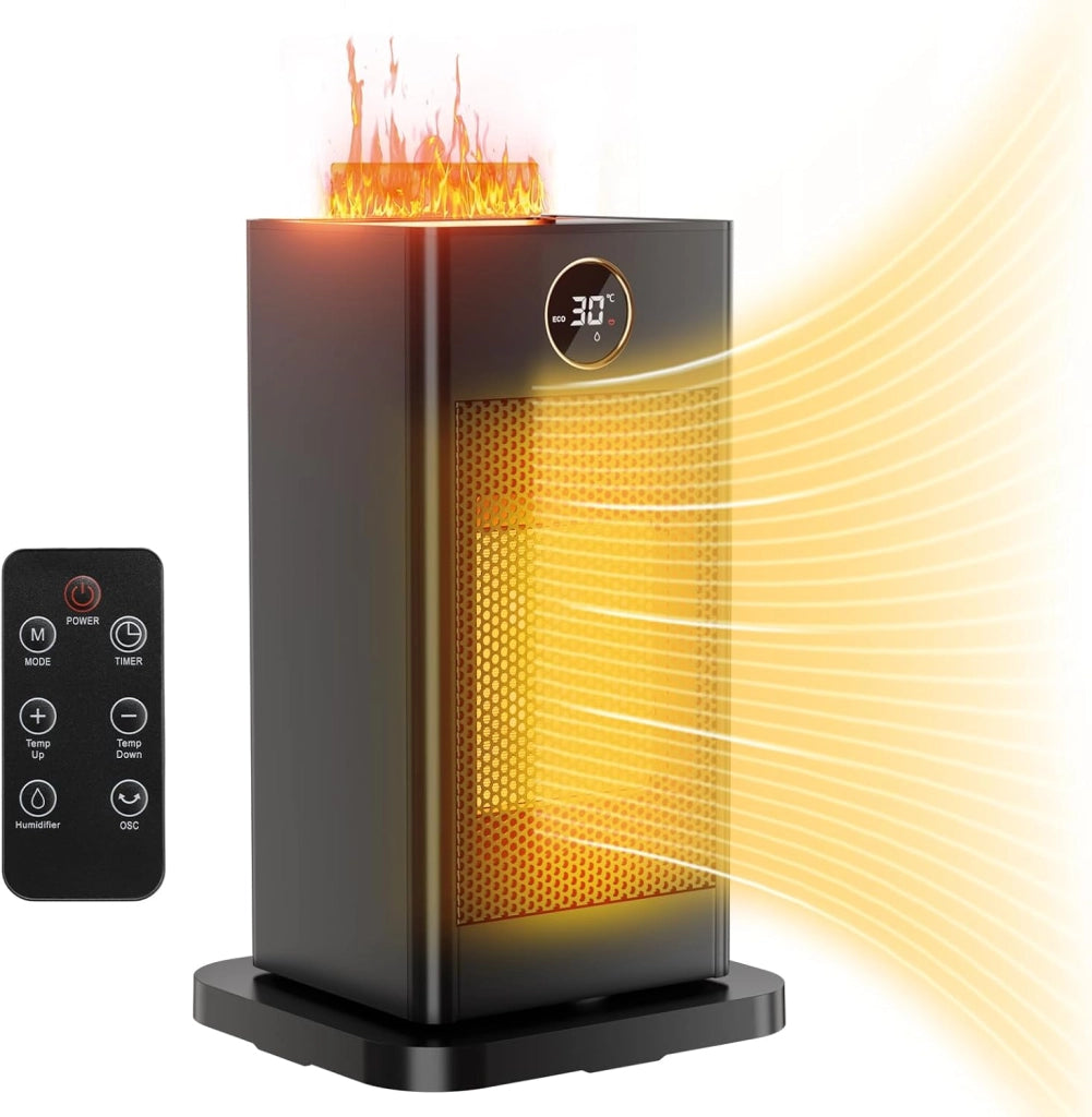 Termoventilatore piccolo, 1500 W, con funzione di umidificazione e luce ambientale, PTC, silenzioso, a risparmio energetico, timer da 12 ore, 4 modalità, oscillazione a 90°, con telecomando,