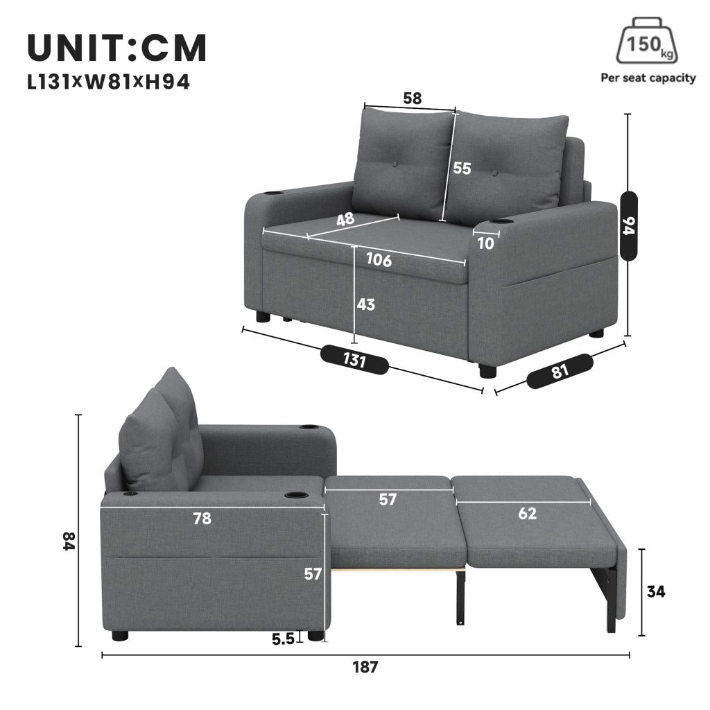 Divano letto 2 posti - con funzione letto; portabicchieri e USB - in cotone lino grigio