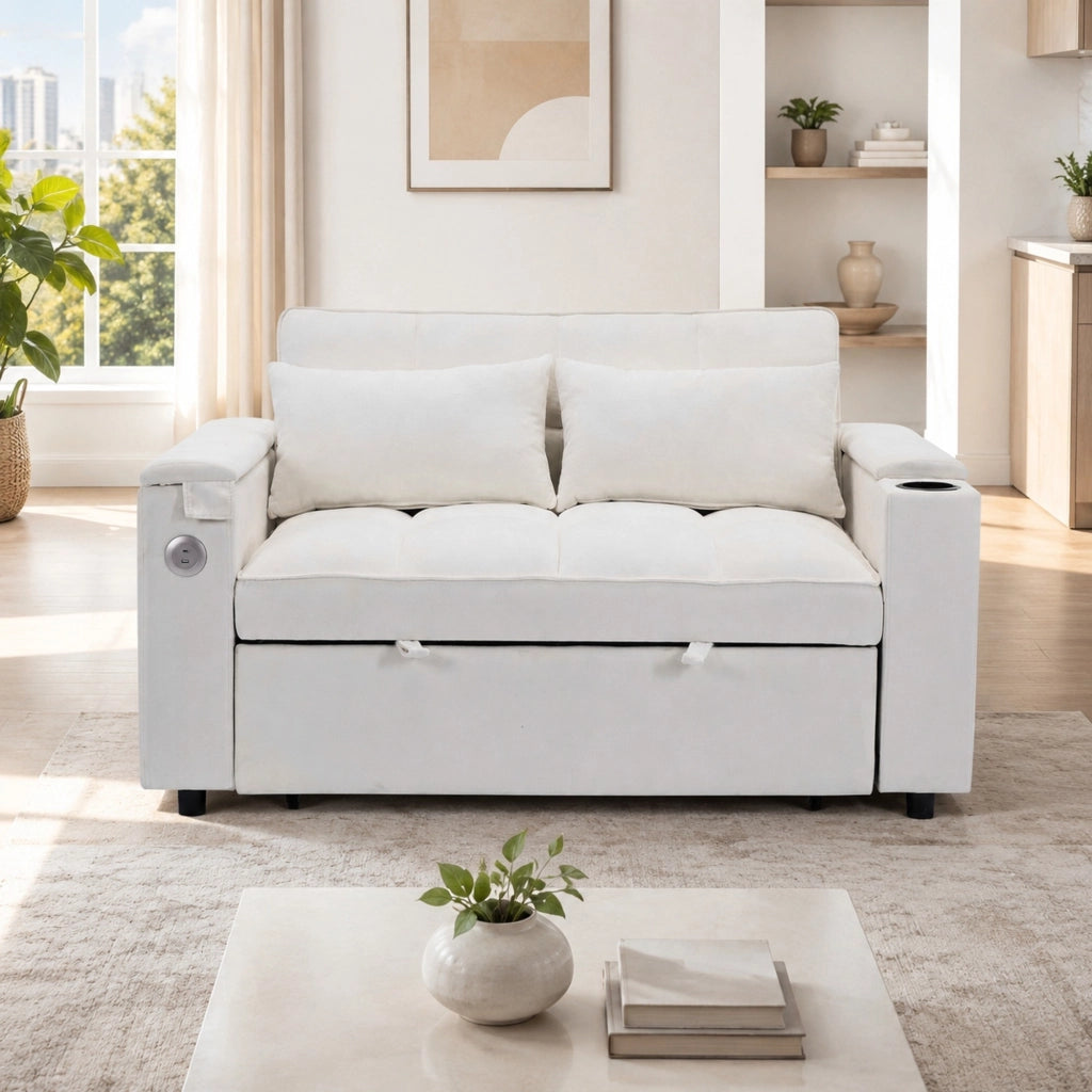 Divano letto pieghevole beige con USB, Type-C e tavolino