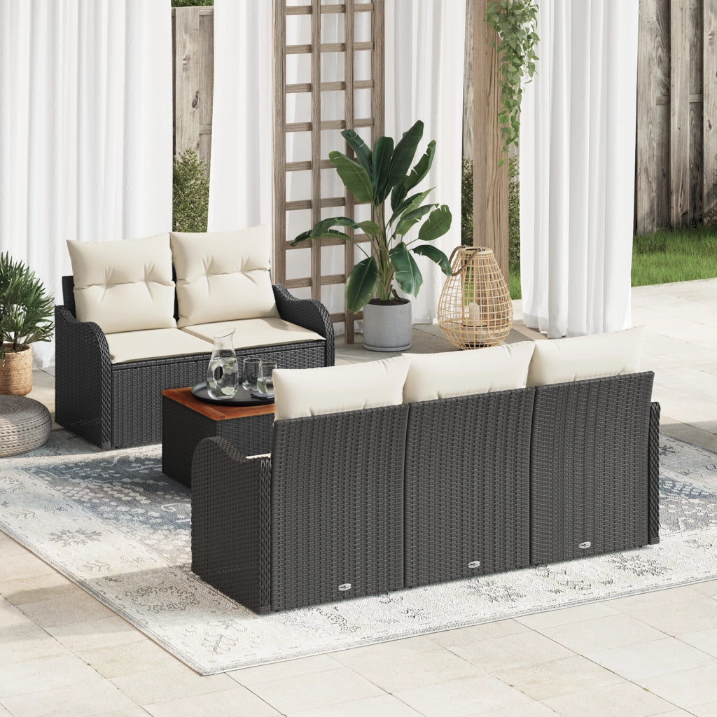 Set Divano da Giardino 6 Pezzi con Cuscini Nero Polyrattan Acacia