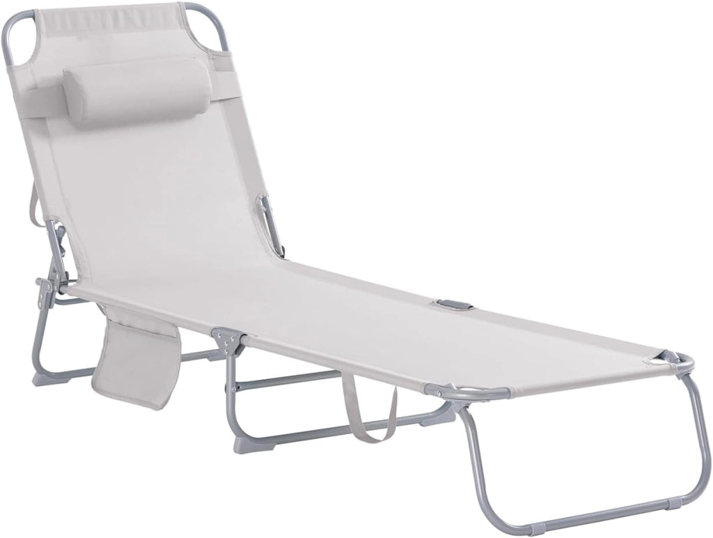 Sdraio da Giardino Reclinabile Lettino Prendisole con Cuscino e Tasca Laterale Sedia Sdraio da Esterno per Patio Campeggio Spiaggia Sdraio Pieghevole da Giardino Beige 155x56x81cm OGS35-MI