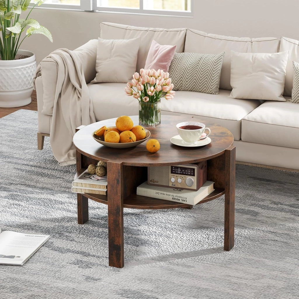 Tavolino da Caffè Rotondo con Ripiano Diviso a 4, Tavolino Basso in Legno Moderno, Tavolo per Salotto, Soggiorno e Cameretta, 74,5 x 74,5 x 45,5 cm (Marrone)