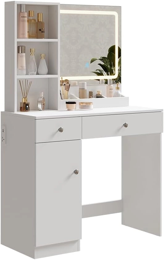 Tavolo da toilette Silvia, Bianco, 90 cm con specchio, per l'utilizzo come tavolo da trucco o da toeletta con illuminazione LED